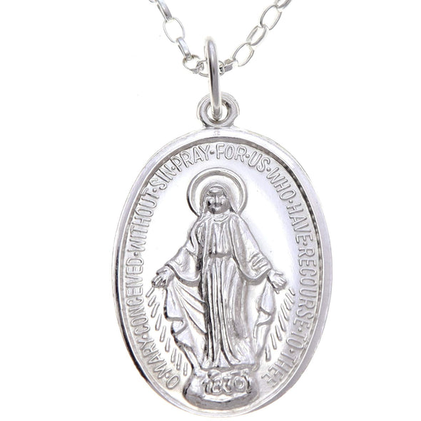 Polished Sterling Silver Miraculous Medal Pendant Necklace (26mm) with 20" Chain