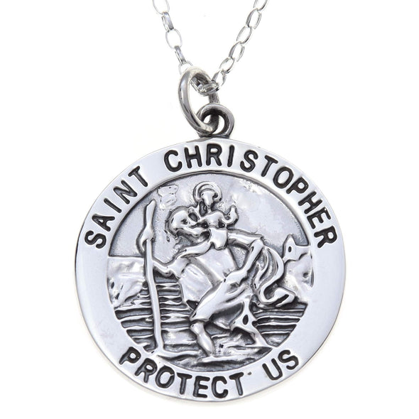 Alexander Castle Sterling Silver St Christopher Pendant Necklace with 20" Chain and 'St Christopher Protect Us' Engraving. Jewellery Gift Box Included.
