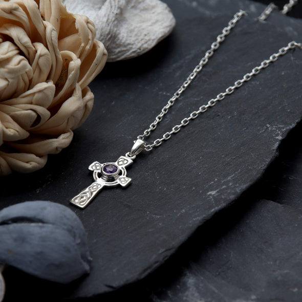 Scottish Jewellery Shop Sterling Silver and Amethyst Celtic Cross Pendant with 18" Silver Chain