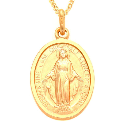 9ct Gold Miraculous Medal Necklace and 18" chain - Mary Madonna pendant with Jewellery Presentation Box