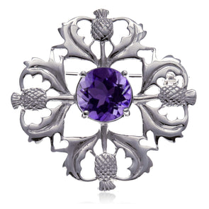 Women's Sterling Silver Scottish Thistle Brooch Pin with Real Amethyst Stone & Jewellery Gift Box - Scottish Gift for Women