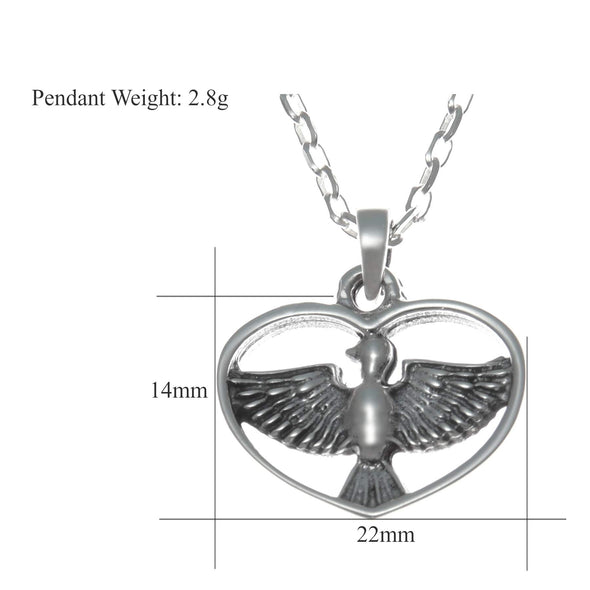 Sterling Silver Guardian Angel Bird in Heart - Holy Spirit Pendant Necklace with 18" chain and jewellery gift box