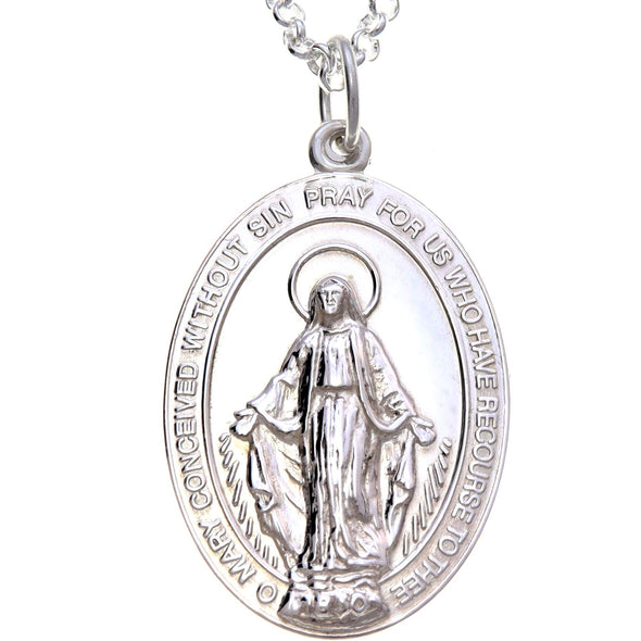 Large Polished Silver Miraculous Medal Pendant Necklace (30mm) with 20" Chain & Jewellery Presentation Box