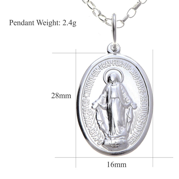 Polished Sterling Silver Miraculous Medal Pendant Necklace (20mm) with 18" Chain & Jewellery Box