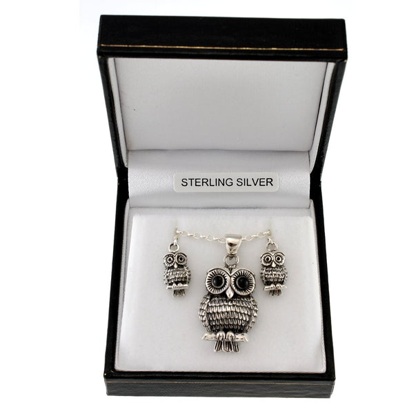 Sterling Silver Owl Pendant and Earrings Jewellery Set