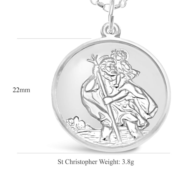 Sterling Silver St Christopher Medal with 18" Chain - Plane, Boat and Car on Back