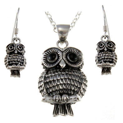 Sterling Silver Owl Pendant and Earrings Jewellery Set