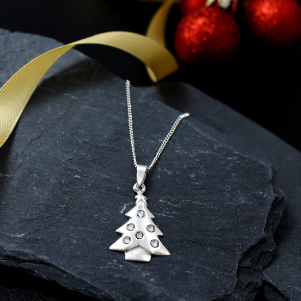 Alexander Castle Sterling Silver Christmas Tree Necklace with Cubic Zirconia Stones in Jewellery Gift Box and adjustable 14" or 16" curb chain suitable for ladies or girls. Great stocking filler