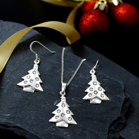 Alexander Castle Sterling Silver Christmas Tree Necklace and earrings with Cubic Zirconia in Jewellery Gift Box. Adjustable 14" or 16" curb chain suitable for ladies or girls - Great stocking filler