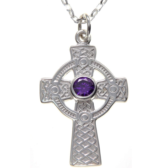 Alexander Castle Sterling Silver and Amethyst Celtic Cross Pendant Necklace with 18" Silver Chain and Jewellery Gift Box.