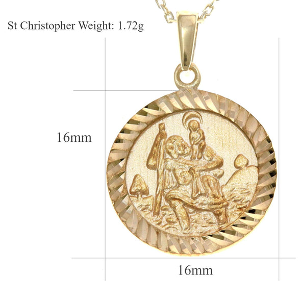9ct Gold St Christopher Pendant Necklace with adjustable 16"-18" chain and jewellery gift box. Bevelled edge design.