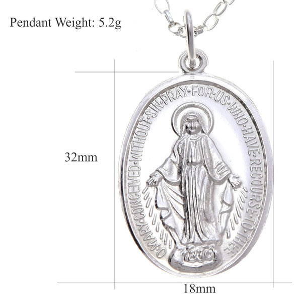 Polished Sterling Silver Miraculous Medal Pendant Necklace (26mm) with 20" Chain