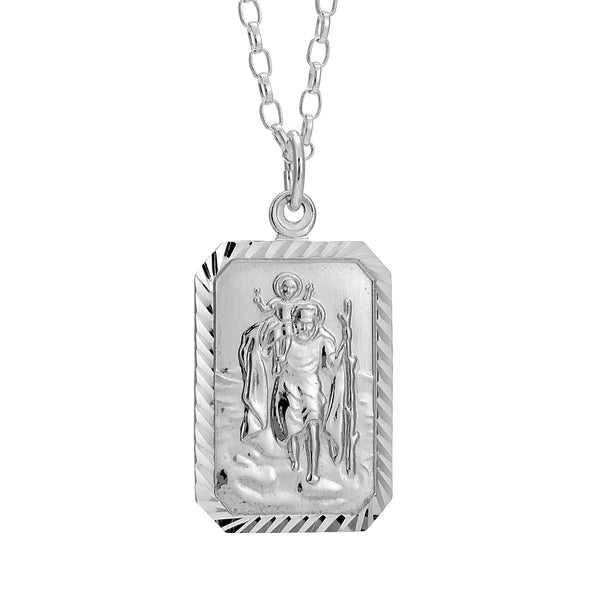 Rectangular Sterling Silver St Christopher Pendant and 18" Chain with Jewellery Presentation Box