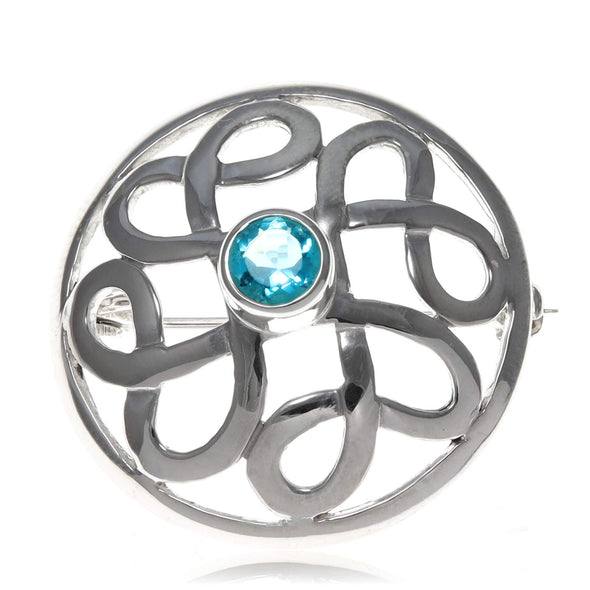 Sterling Silver Celtic Brooch with Blue cubic zirconia and Jewellery Gift Box