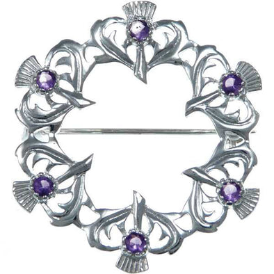 Large Sterling Silver Amethyst Thistles Brooch and Jewellery Gift Box