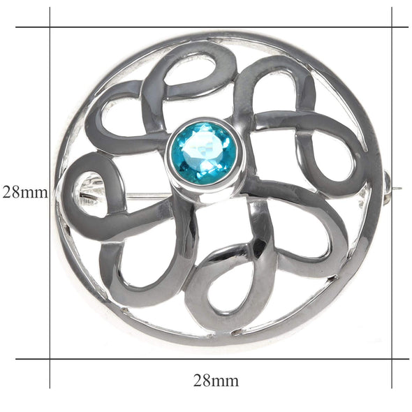 Sterling Silver Celtic Brooch with Blue cubic zirconia and Jewellery Gift Box