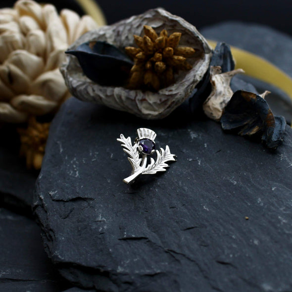 Sterling Silver Amethyst Thistle Brooch and Jewellery Gift Box