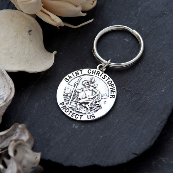 Alexander Castle Sterling Silver St Christopher Keyring with Reversible oxidised St Christopher Medal and Jewellery Gift Box