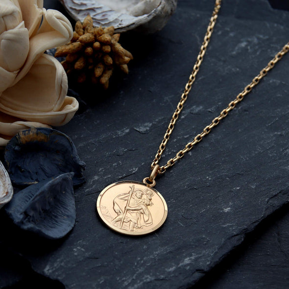 Mens Solid 9ct Gold St Christopher Pendant Necklace with 20" chain and Jewellery Gift Box