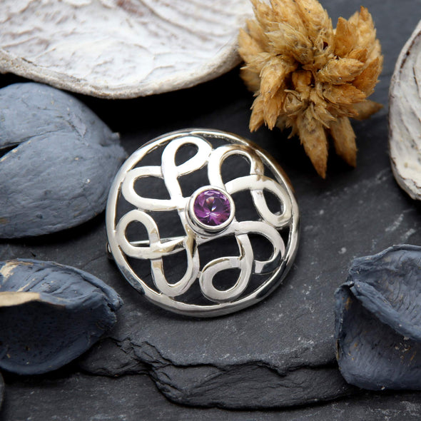 Sterling Silver Celtic Brooch with Purple cubic zirconia and Jewellery Gift Box