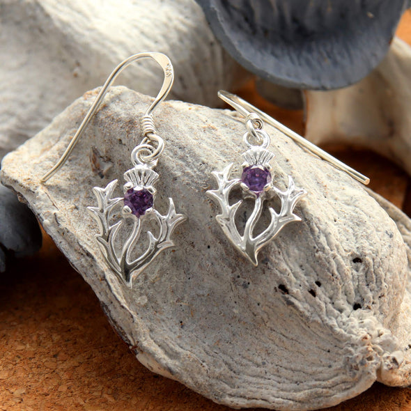 Sterling Silver Amethyst Thistle Pendant and Earrings Scottish Gift Set