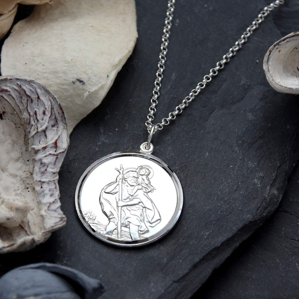 Extra Large Sterling Silver St Christopher Pendant with 20" Chain and Transport Back - 30mm