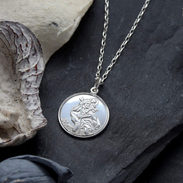 Sterling Silver St Christopher Medal with 18" Chain - Plane, Boat and Car on Back & Jewellery Gift Box