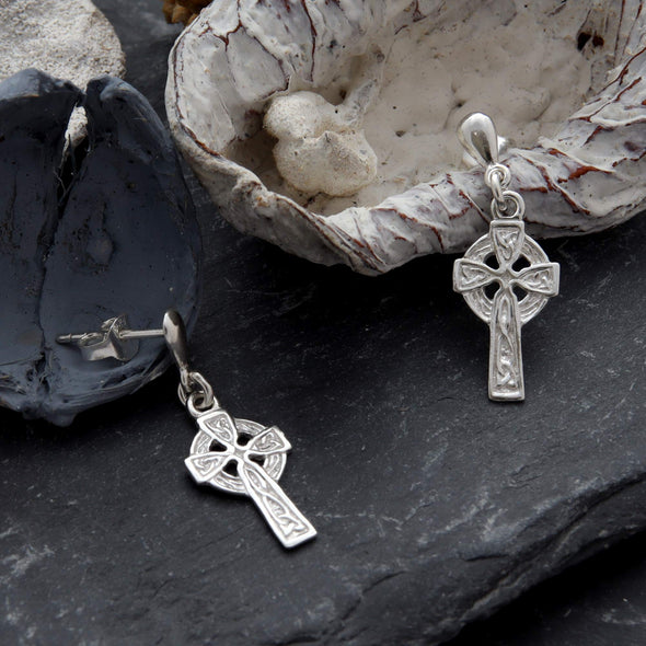 Sterling Silver Celtic Cross Pendant Necklace and Earring Gift Set with Jewellery Gift Box