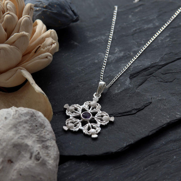 Sterling Silver and Amethyst Thistles Pendant necklace with 18" Chain and jewellery gift box