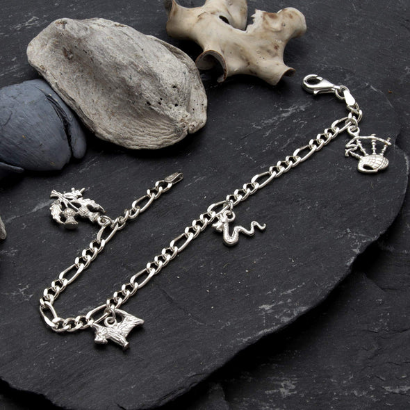 Alexander Castle Sterling Silver Scottish Charm Bracelet with Nessie, Thistles, Bagpipes and Scotty Dog